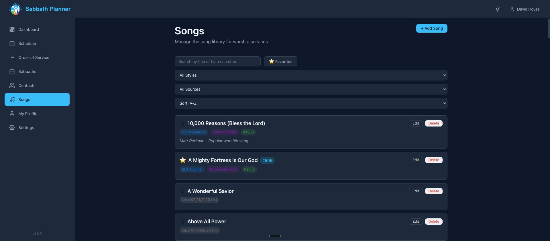 Song library with SDA Hymnal integration